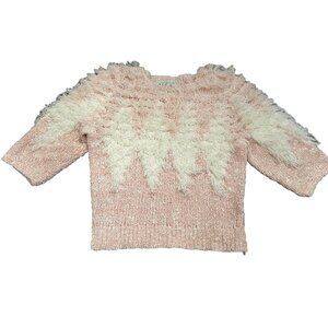 Vintage Sweater Side Effects Shaggy Hand Crochet Cropped 3/4 Sleeves Large Pink